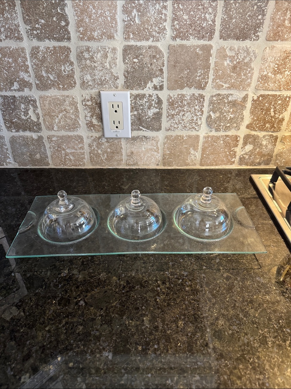 Clear Glass 3-Dome Serving Tray with Lids - White